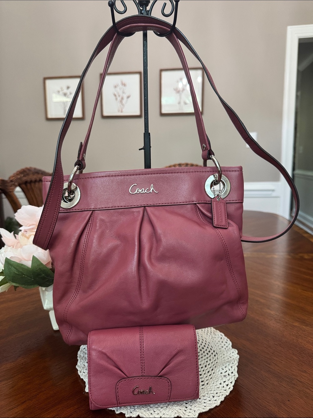 Vintage Coach Ashley Pleated Leather Hippie Bag & Matching Flap Wallet Set